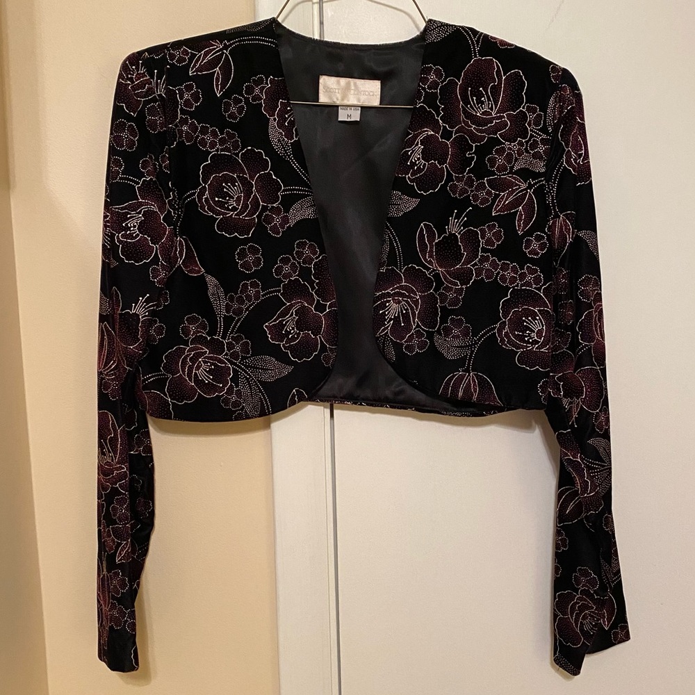 Vintage Black Velvet Formal Floral Cropped Jacket